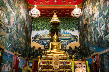 Nakhon Pathom, March 11, 2023.  Wat Rai Khing, a civilian monastery built in 1791, The Buddha image features Chiang Saen style, assumed to be built by Lanna Thai. Buddhist temple