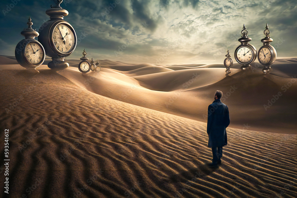 Poster old clocks on desert dunes at sunset. surreal time metaphor composition. time related concept. creat