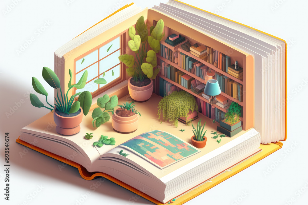 Poster isometric view of an open book with bookcases and potted flowers in pastel colors, created with gene