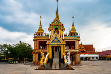Chonburi, March 12, 2023. Wat Huay Yai, Buddhist temple popular for merit making ceremonies, with ornate shrines, gilded statues & stupas.