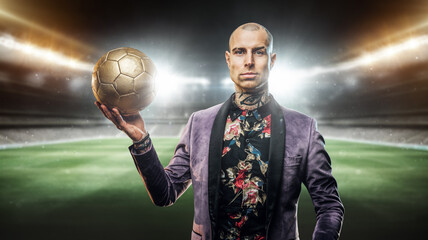 Art of confident football player dressed in stylish attire holding soccer ball.