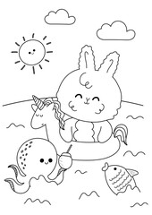 Coloring page of a cute kawaii rabbit swimming in the sea wearing a unicorn pool ring.Antistress coloring book for adults and children