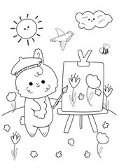 Coloring page of kawaii rabbit draws a picture in nature, plein air.Antistress coloring book for adults and children