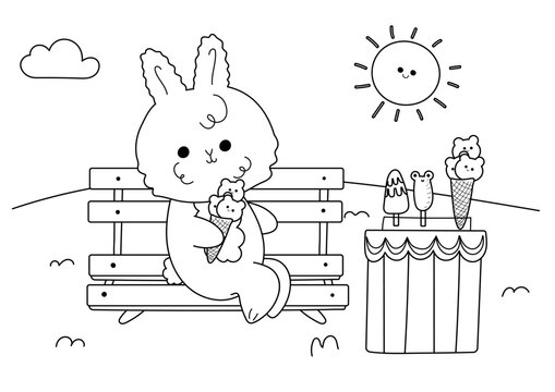 Coloring page of kawaii rabbit sitting on a bench with ice cream.Antistress coloring book for adults and children