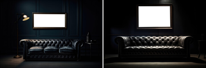 Luxurious interior with black leather sofa in the low-key mood with  PNG transparent mockup frame for image design generative ai. Set of room designs