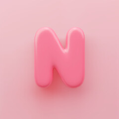 3D Pink uppercase letter N with a glossy surface on a pink background.