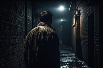 A photo from behind of a man standing in a dark alley at night, fear, suspense, thriller, and horror concepts created by generative AI