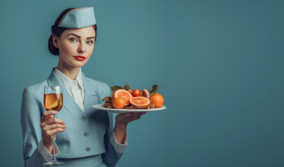 In-Flight Drink Service: Air Hostess Holding a Drink and Plate with Oranges on Pastel Blue Background with Space for Text. Copy Space. Customer service concept - AI Generative