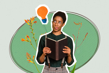 Creative collage picture of minded pensive person read book contemplate light bulb flowers isolated...