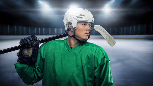 Shot of professional hockey player dressed in green uniform in stadium.
