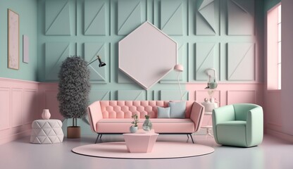 Pastel living room interior design. Home background furniture 3d rendering of architecture house wall. Generative Ai.