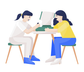 Female ophthalmologist examine the eyes of a female patient. Using eye analyzers, physiologic, visual function, ophthalmology diagnostics, vision correction concepts.