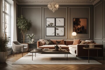 Living room design, 3d render, 3d illustration. Generative AI