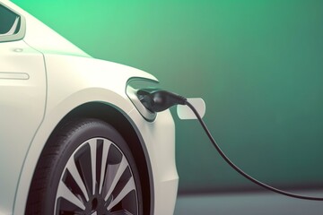 a white electric vehicle plugged into a power outlet against a green background. Generative AI