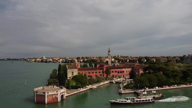 Drone view of the island of San Lazaro degli Armeni, moving forward