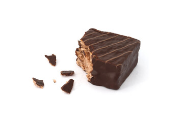 Chocolate coated cakes isolated on white background. Chocolate cake cube. Chocolate coated snacks.
