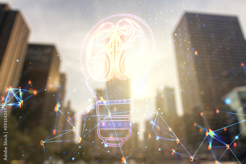 Aufkleber abstract virtual idea concept with light bulb and human brain illustration on office buildings backg