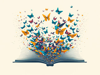 This beautiful design depicts an open book releasing a swarm of illustrative butterflies. The vibrant colors convey a sense of energy and positivity. Generative AI