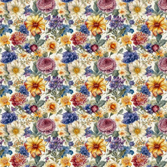 Fototapeta na wymiar Floral Fantasy Tulips, Roses Watercolor Seamless Pattern AI generated 
