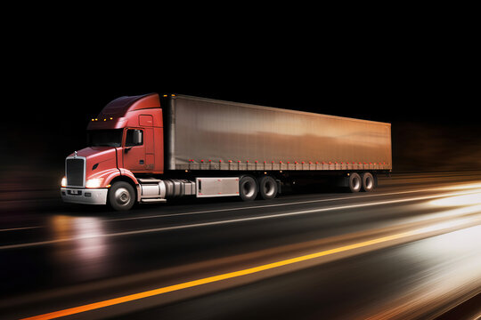 Modern Commercial Semi Truck Riding At The Highway In The Night, Blurred In Motion. Generative Art