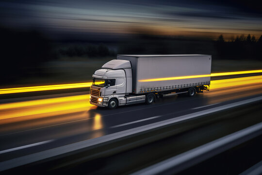 Modern commercial semi truck riding at the highway in the night, blurred in motion. Generative art