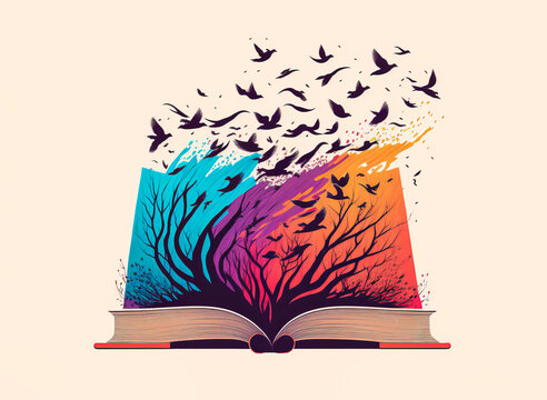 Image depicting an open book releasing birds on a vibrant background and bright colors, ideal for innovative and inspiring marketing campaigns. Generative AI