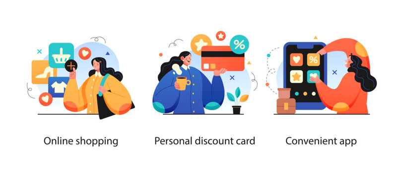 Online shopping and E-commerce concept set. Sale, orders, online payment, delivery, loyalty program.