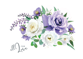 Vector, watercolor style purple, violet bouquet. Love greeting card template. Garden rose flowers, helleborum, lisanthus, eucalyptus, greenery leaves. Editable spring, summer wedding invite decoration