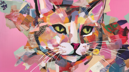 collage made of magazines and colorful paper mood. illustration of pink cat