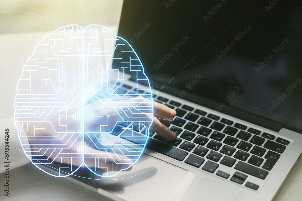 Poster creative artificial intelligence concept with human brain sketch and hands typing on computer keyboa