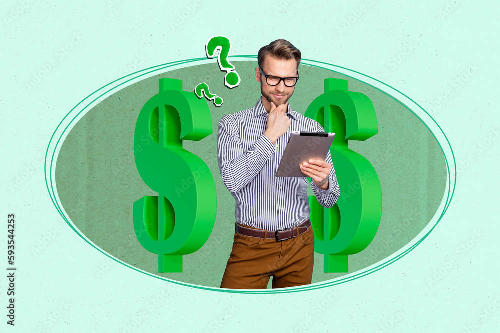 Aufkleber creative template graphics collage image of smart clever guy thinking earning money modern device is