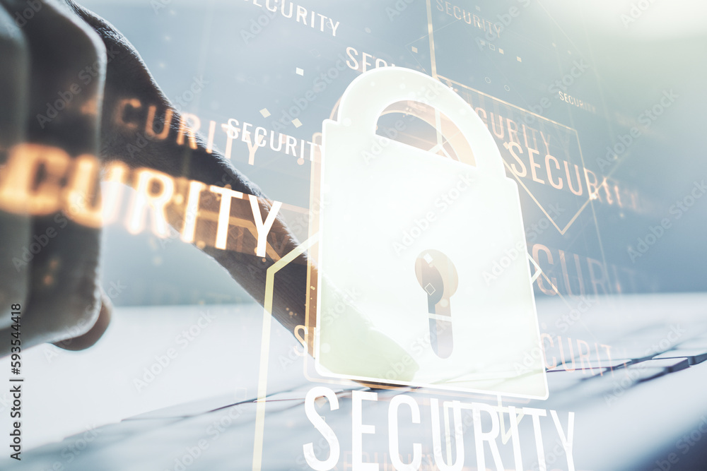 Poster creative lock illustration with microcircuit and hands typing on computer keyboard on background, cy