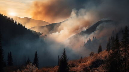 Forest is on fire. Burned trees and a lot of smoke. Photorealistic illustration generated by Ai