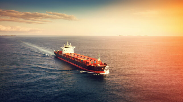 Aerial view of a cargo ship in the open sea at sunset. Ai generated photorealistic illustration	