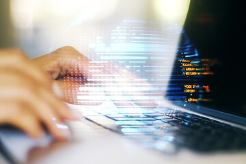 Multi exposure of abstract creative coding sketch with world map and hands typing on computer keyboard on background, artificial intelligence and neural networks concept