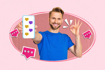 Collage picture of positive guy demonstrate okey symbol hold smart phone screen comment message...