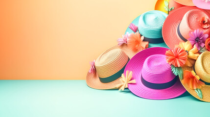 Summer still life with straw hats and flowers, generative AI.