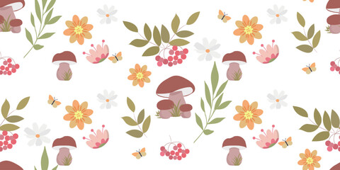 Seamless autumn pattern with meadow flowers, rowan branches. Perfect for printing on fabric and decorating a children's room.