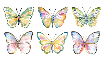 Naklejka na ściany i meble Vector hand drawn colorful set with pastel watercolor butterflies on white background