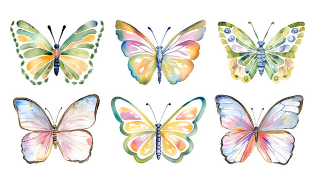 Vector hand drawn colorful set with pastel watercolor butterflies on white background