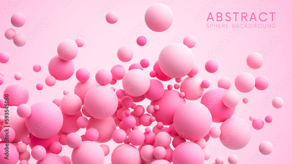 Poster pink matte soft chaotic balls in different sizes. abstract composition with pink random flying spher