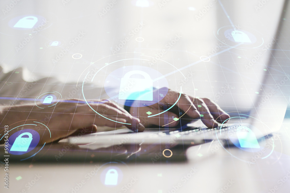 Poster double exposure of creative lock hologram with chip and hands typing on laptop on background. inform