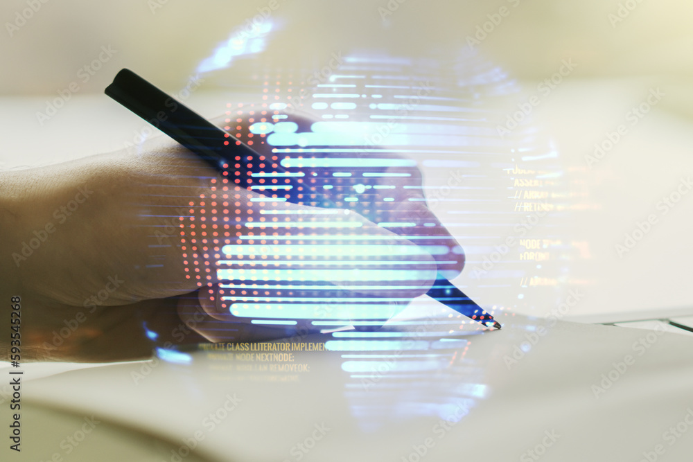 Poster abstract creative coding concept with world map and man hand writing in notebook on background. mult