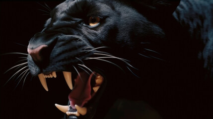 Grin of gorgeous black panther. Photorealistic portrait isolated on black background. Generative art