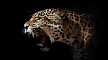 Naklejka na ściany i meble Majestic jaguar roars. photorealistic portrait isolated on black background. Generative art
