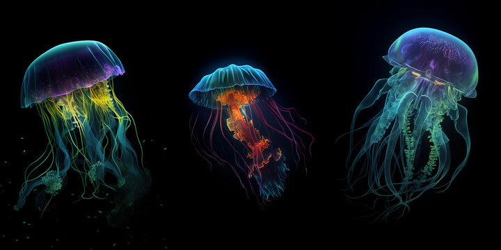 Set of three beautiful jellyfish isolated on black background. Generative art