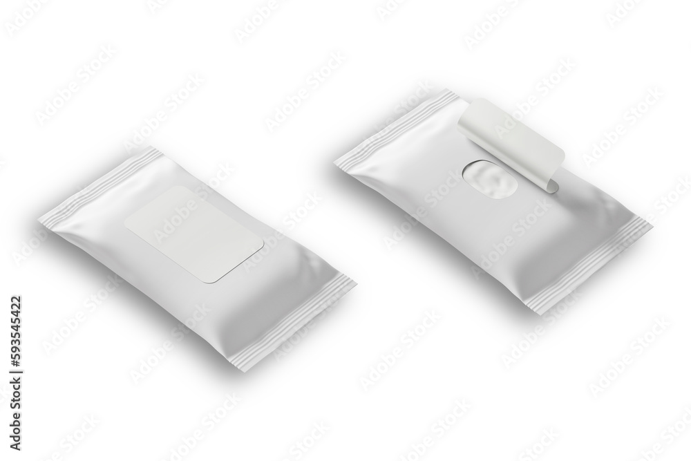Poster blank white open and closed pack of wet wipes. isolated set of antibacterial wipes from plastic pack