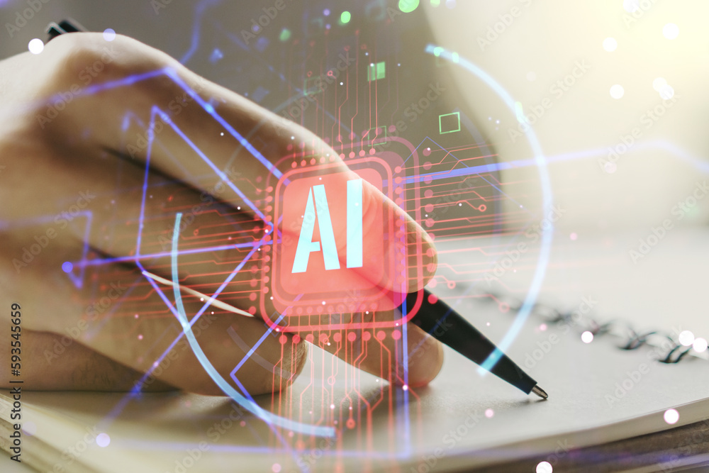 Poster double exposure of creative artificial intelligence abbreviation with man hand writing in notepad on