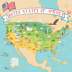 USA -  hand drawn illustration, map with landmarks