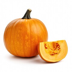 Raw organic whole pumpkin and sliced pumpkin on white background Generative AI Illustration
